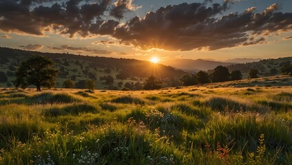 Obraz premium A sunset over a vibrant, light-dappled meadow ai_generated