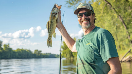 A man in a green T-shirt and gray shorts holds up fish with a fishing rod on a river bank on a sunny day