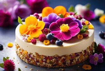 elegantly arranged dessert edible flowers, garnish, sweet, cuisine, beautiful, presentation, colorful, petals, delicious, dish, fancy, dining, gourmet