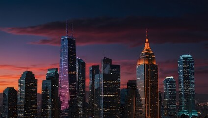 Naklejka premium The brilliance of a neon-lit cityscape against a twilight sky ai_generated