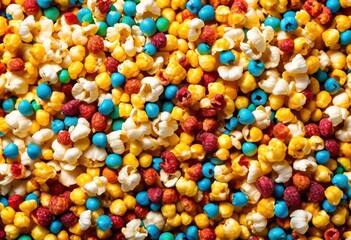 Fototapeta premium colorful container spilling fun snack concept scattered kernels, popcorn, spilled, cinema, movie, tasty, delicious, yellow, blue, green, white, crunchy, eating
