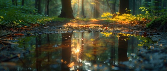 Obraz premium A puddle in a forest path with dappled sunlight.