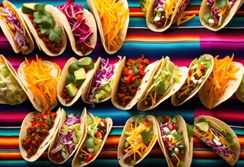 Fototapeta premium vibrant crisp tacos arranged colorful mexican blankets, organized, neat, neatly, orderly, tidy, precise, sorted, stacked, grouped, displayed, assembled