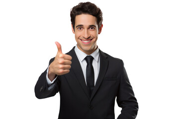 Male businessman looks confident, agreeable and ready to start something new. Thumbs up, showing "OK" sign on white background.