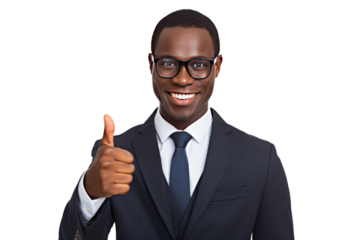 Male businessman looks confident, agreeable and ready to start something new. Thumbs up, showing "OK" sign on white background.