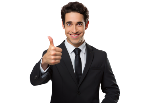 Male businessman looks confident, agreeable and ready to start something new. Thumbs up, showing "OK" sign on white background.