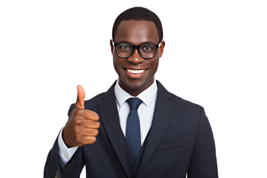 Male businessman looks confident, agreeable and ready to start something new. Thumbs up, showing "OK" sign on white background.