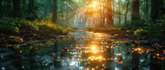 A puddle in a forest path with dappled sunlight.