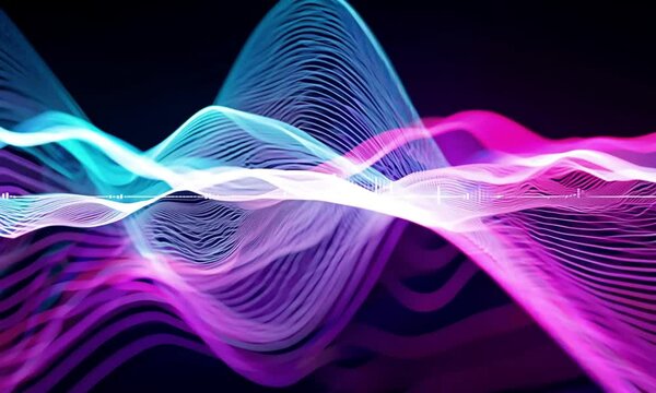 Close-up on pulsating holographic waveforms: Abstract background with synced futuristic colors morphing continuously, perfect for technology background
