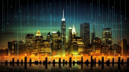 Dynamic forex candlestick chart on cityscape at night for futuristic financial analysis environment