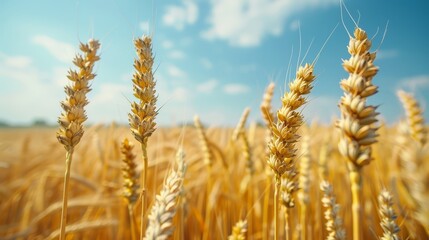 Fototapeta premium Electrical pylons through wheat fields, emphasizing growth, selective focus, rural industry, dynamic, Fusion, agricultural backdrop