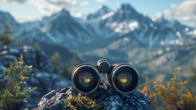 Binoculars focused on distant mountains, capturing adventure, close up, nature exploration, realistic, Composite, mountain range backdrop