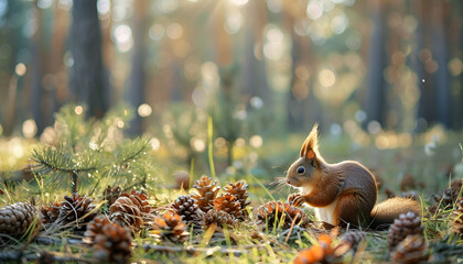 Fototapeta premium Pine cones in the forest.A squirrel gnaws a nut, found a nut, cones, a handful, many cones lie on the ground, on the grass