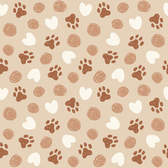 Animal paw seamless pattern. Cat, dog footprint repeat pattern with texture in black and white. Hand drawn paw print background.