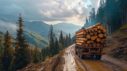 Logging truck on a mountain road, showcasing rugged paths, selective focus, extreme terrain, dynamic, Composite, mountain backdrop