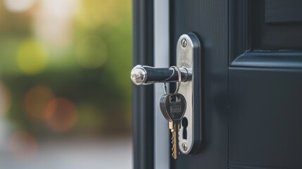 Bunch of keys hanging on the door handle at the entrance of rental apartment premises