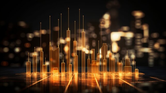 Futuristic forex candlestick chart illuminating night cityscape with financial data analysis