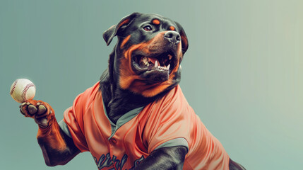 Rottweiler Dog Wearing Baseball Jersey Holding a Ball