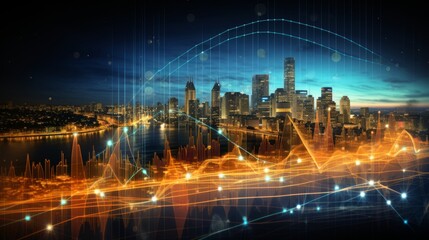 Futuristic forex candlestick chart over cityscape for dynamic financial analysis