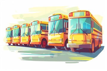 Colorful school buses lined up on a sunny day, celebrating the start of a new academic year. The illustration is set against a clean white background, highlighting the buses' bright colors.