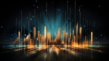 Dynamic big data forex candlestick chart over cityscape, futuristic financial analysis