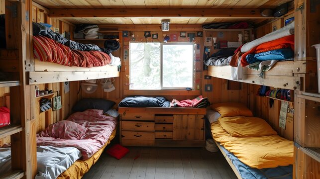 Cozy wooden bunkhouse with snowy window view
