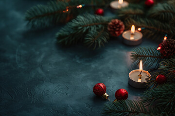 Christmas tree vibe, with natural light, in the style of dark blue, candles, peaceful decor