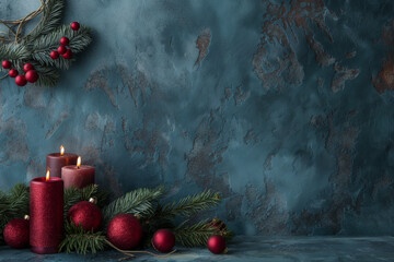 Christmas tree vibe, with natural light, in the style of dark blue, candles, peaceful decor