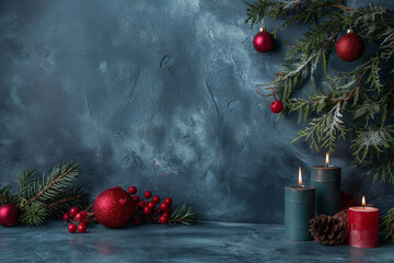 Christmas tree vibe, with natural light, in the style of dark blue, candles, peaceful decor