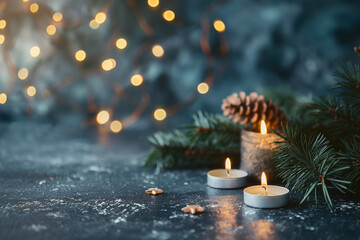 Christmas tree vibe, with natural light, in the style of dark blue, candles, peaceful decor