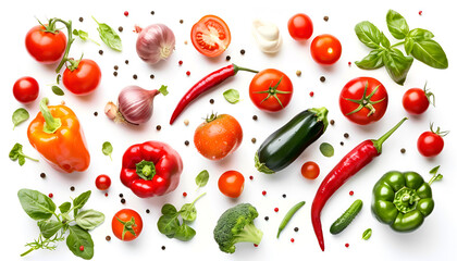 Different fresh vegetables in air on white background