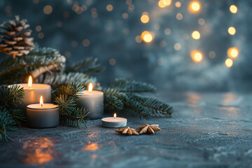 Christmas tree vibe, with natural light, in the style of dark blue, candles, peaceful decor