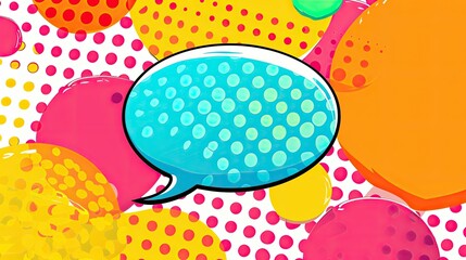 Colorful comic book speech bubbles with polka dot backgrounds and bold comic fonts