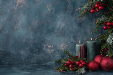 Christmas tree vibe, with natural light, in the style of dark blue, candles, peaceful decor