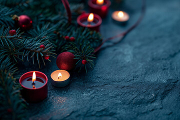 Christmas tree vibe, with natural light, in the style of dark blue, candles, peaceful decor