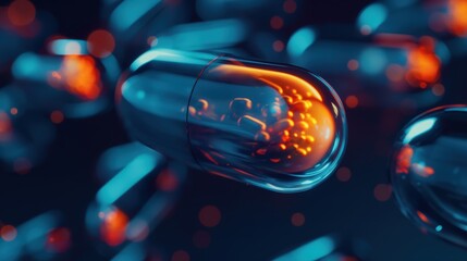 Glowing blue and orange capsule in liquid, symbolizing pharmaceutical innovation and biotechnology advancements