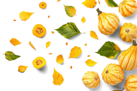 Autumn Gourds and Leaves on Transparent Background
