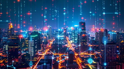 Isometric smart city design concept. Business center with skyscrapers and intelligent buildings,IOT for the internet of things