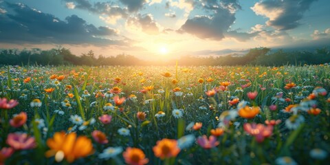 Fototapeta premium Sunset Over a Field of Wildflowers