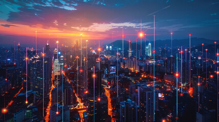 Fototapeta premium Isometric smart city design concept. Business center with skyscrapers and intelligent buildings,IOT for the internet of things