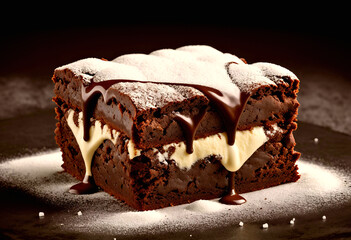 A chocolate brownie in a studio type setting,with cream,icing,inviting