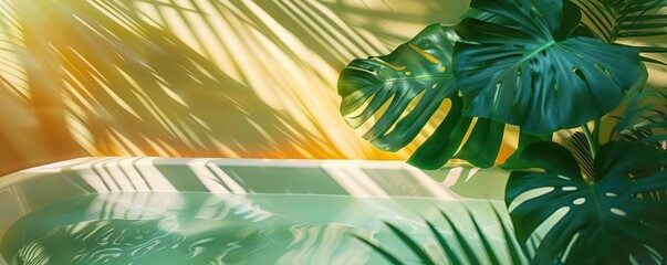 Monstera leaf shadows creating patterns indoors, botanical background focus on, chic decor, vibrant, manipulation, bathroom, copy space for text