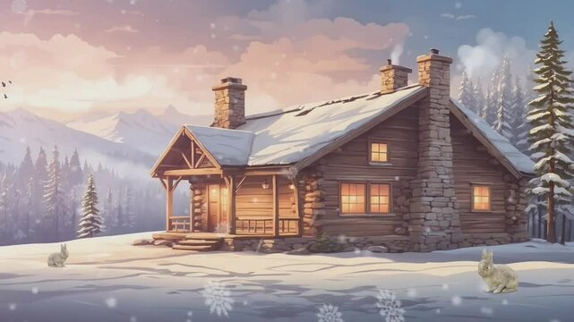 rustic cabin nestled in a snowy winter landscape