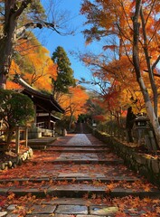 Fototapeta premium A stone path winds through a forest of fiery red maple trees in autumn.