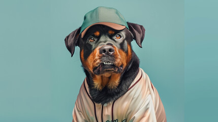 Rottweiler Wearing a Baseball Cap and Jersey