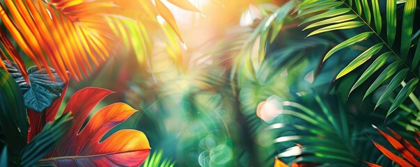 Fototapeta premium Sundrenched vibrant tropical leaves, botanical background copy space, adventure theme, vibrant, overlay, jungle retreat, copy space for text