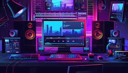 Video editing software, timeline and tools, flat design illustration