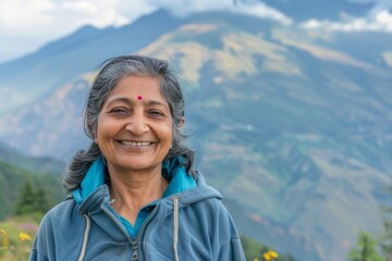 Naklejka premium Portrait of a merry indian woman in her 40s sporting a comfortable hoodie isolated in panoramic mountain vista