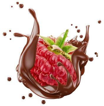 raspberry in chocolate splash isolated on a white background. Clipping path