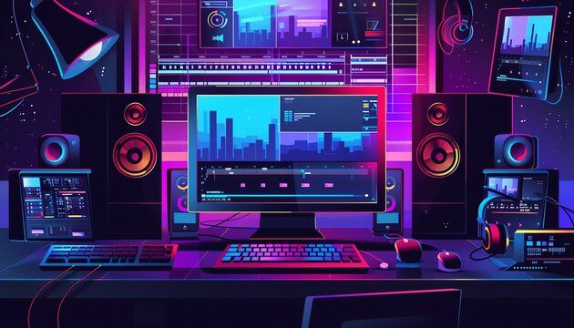 Video editing software, timeline and tools, flat design illustration